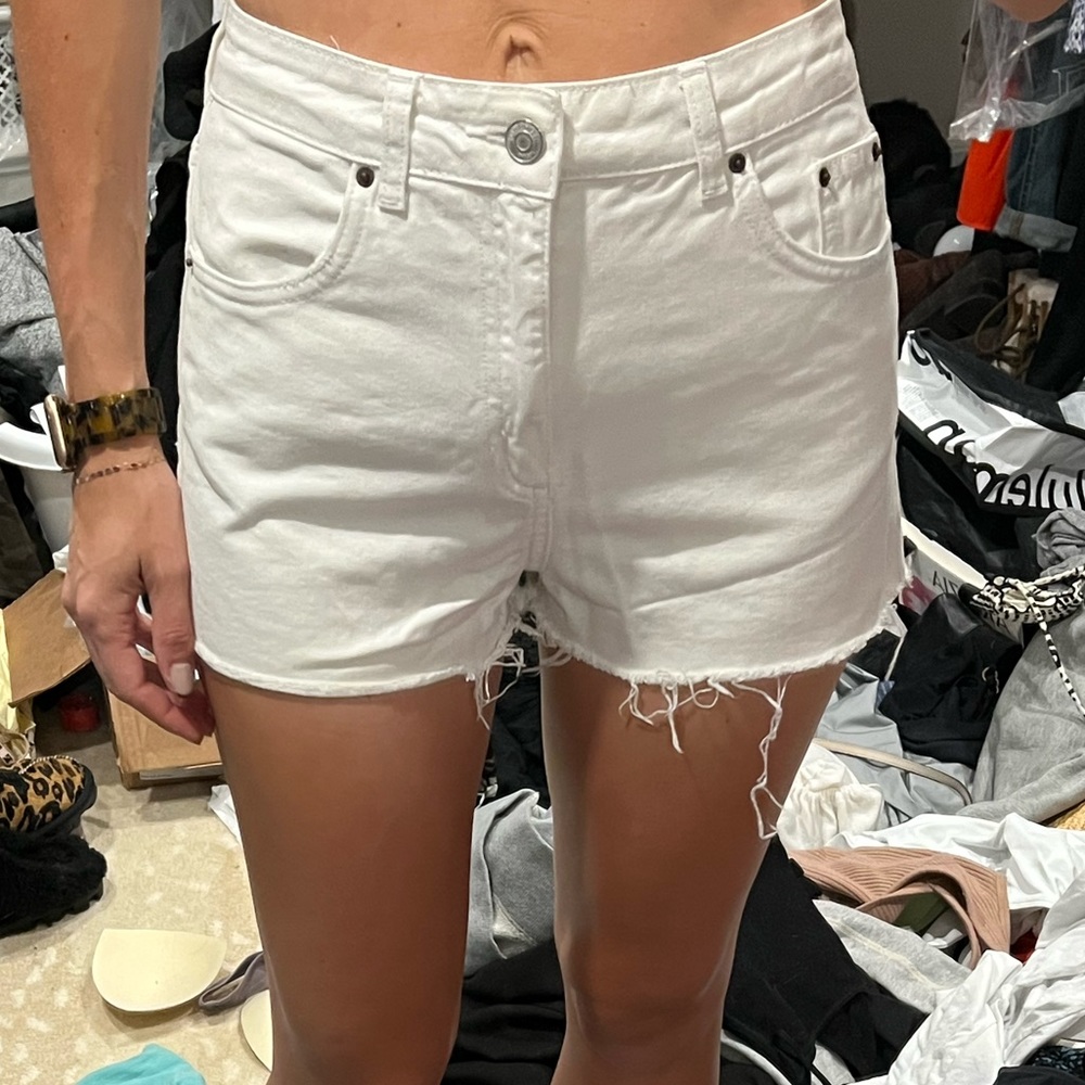 White cutoff high waisted denim shorts